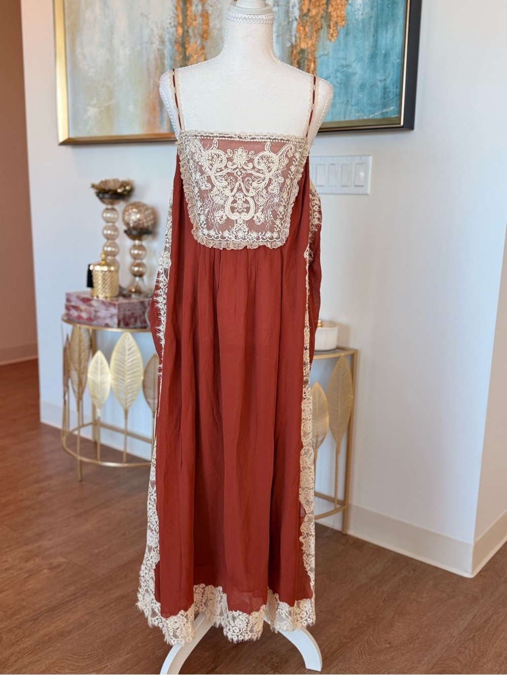 Rust Lace-Trim Slip Dress -Romantic Dress